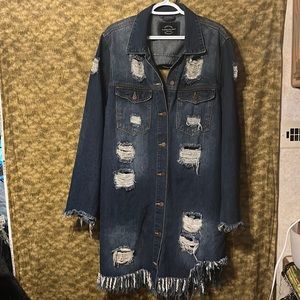 Women’s L/XL Long Shredded Jean Coat by American Bazi